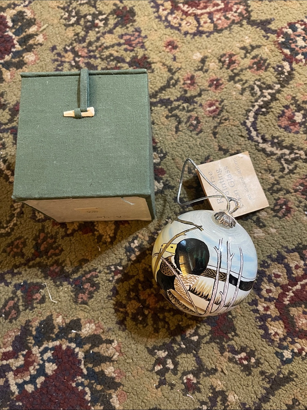 Hand-Painted Duck Ornament - Green and White Holiday Ball